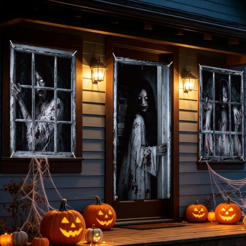 Halloween Window Curtain Cover - Scary Female Ghost Poster, 3 Pieces, Spooky Decor