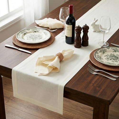 Long Ivory Linen Table Runner 14x144 Inches - Handmade European Flax