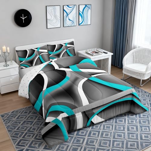 Circle 04 Queen Comforter Set Blue Gray Black Bedding with Pillowcases - Kids Bedroom Decor