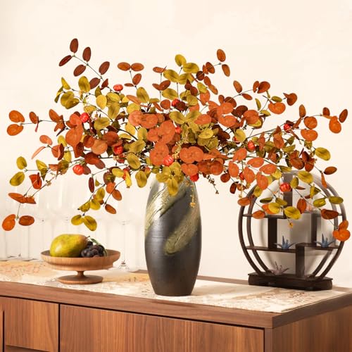 Autumn Orange 8 Pcs Fall Eucalyptus Stems with Pumpkins - Fall Home Decor