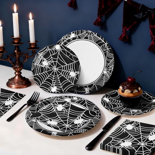 Black Spider Web Party Plates & Napkins Set for 25 Guests - 75 Pieces