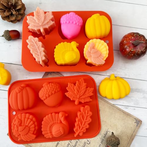 Orange Fall Thanksgiving Silicone Mold Set 2Pcs 3D Pumpkin Maple Leaf Acorn Turkey Cake & Candy Molds