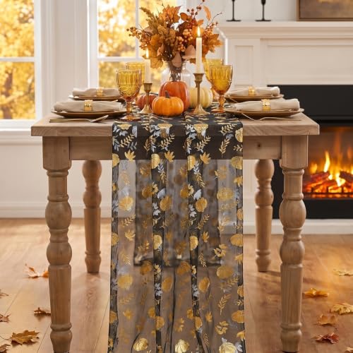 Artoid Mode Fall Gauze Table Runner 120 Inch Black Gold with Metallic Foil Leaves