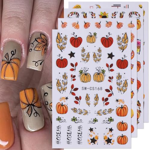 Fall Nail Art Stickers Decals 8 Sheets Pumpkin Leaf Floral DIY Manicure