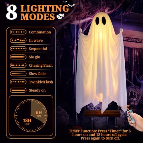 5FT Hanging Ghost Decor with Lights - Outdoor Halloween Swing Spirit