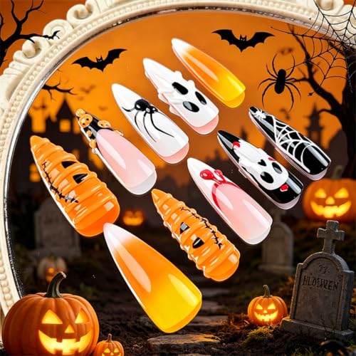 Long Halloween Pumpkin Ghost Spider Fake Nails - Press On Nails 24pcs, Colour 19