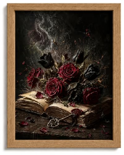 Moody Floral Wall Art - Dark Gothic Book & Roses Frame, 10x8 Inches