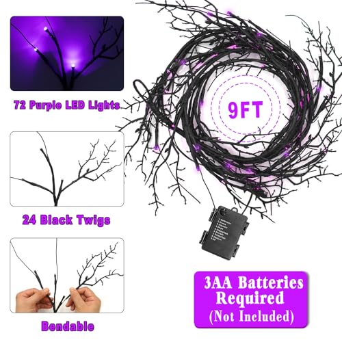9Ft Halloween Willow Vine Twig Garland with 72 LED Lights - Orange, Purple, Green, 8 Modes & Waterproof, Battery Operated - Variation of THIS listing