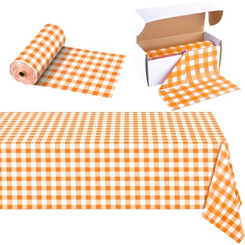 Orange Checkered Plastic Tablecloth Roll - 54x300 Ft Waterproof Disposable with Easy Cut for Outdoor & Party Use - Classic Variation