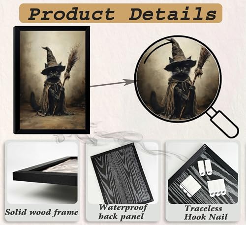 Black Cat Witch Wall Art - 16x12 Inch Framed Halloween Decor - Cat Variation