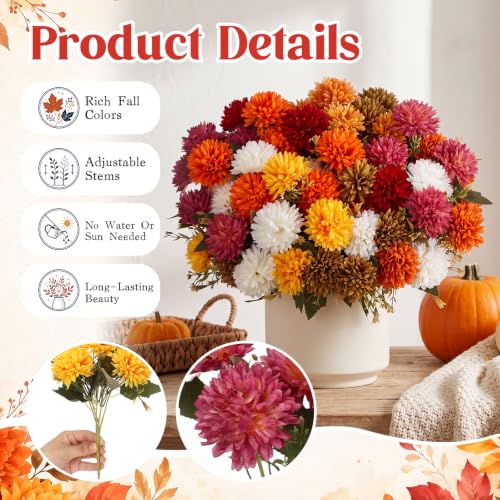Artificial Fall Flower Bouquet Set - Multicolor Pompom Chrysanthemums, 24 Bunches with Bendable Stems