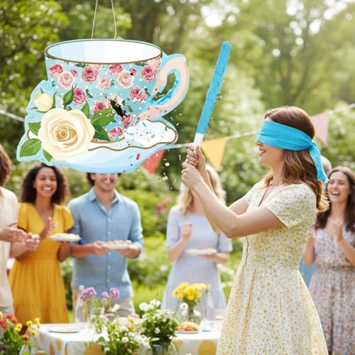 Aoriher Blue Tea Piñata with Blindfold & Stick - Tea Party Decor & Fun