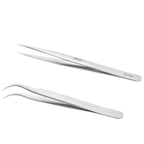 EMEDA Eyelash Extension Tweezers 2 Pieces VETUS Straight and J Curved Tweezers for Eyelash Extensions Precision Lashing Tweezers Professional Tools for Isolation Classic Volume Lash Extensions