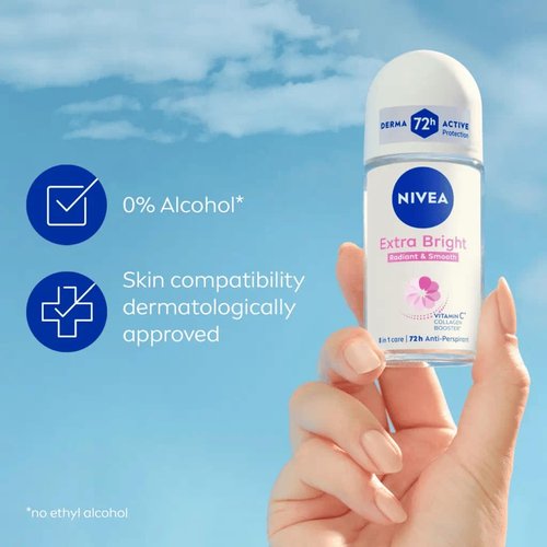 NIVEA Extra Bright 8 Super Food Vitamin C Collagen Booster Underarm Roll-On Deodorant, Alcohol-Free, 72HR Odor Protection, Smooth & Bright Skin, 50ml, 1.69oz, Pack of 2