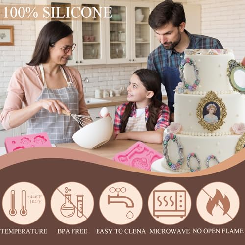 Baroque Picture Frame Silicone Mold Set - 4 Pack Rose & Key Design for Cake Decorating