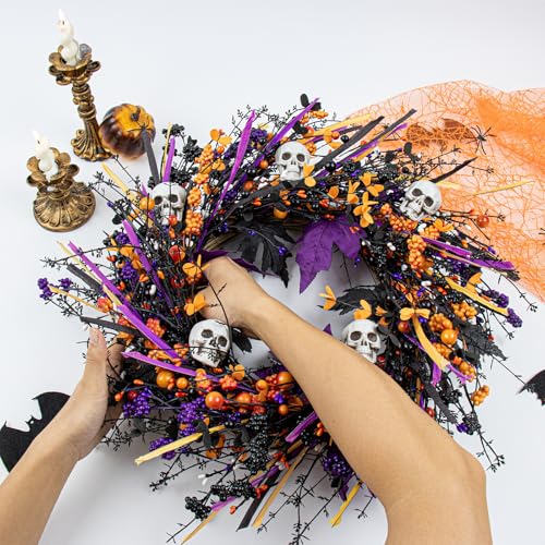 Halloween Wreath with Skull & Berries - 22 Inch Front Door Decor - Black Variation