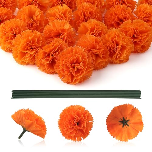 Artificial Marigold Flowers Set - 30pcs Silk Flowers with Stems for Decor & DIY Crafts - Orange, 30pcs