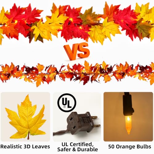 9.1FT Fall Garland with Lights Large Maple Leaves - Connectable Autumn Decor - Variation 1