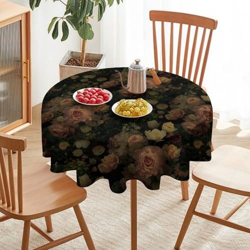Round 60x60 Inch Black Floral Tablecloth - Rustic Watercolor Botanical Design - Flower-1 Variation