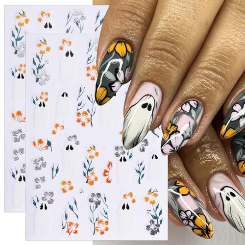 Halloween Nail Art Stickers Decals - Ghost & Hibiscus Flower Design, 8 Sheets - Cute Ghost Variation