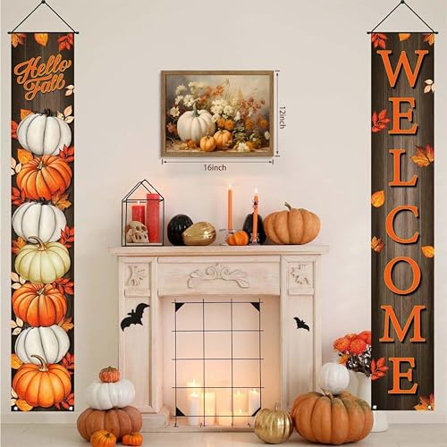 Autumn Pumpkin Wall Art - Framed White Pumpkin & Floral Canvas, 16x12in Rustic Fall Decor