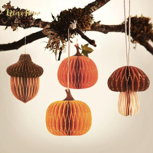 Fall Thanksgiving Honeycomb Ornament Set - 5Pcs Autumn Decor with Orange & Brown Variations