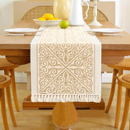 Farmhouse Floral Table Runner 14 x 94 Inch Light Brown - Handmade Rustic Decor