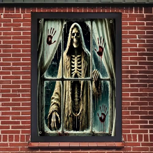 Halloween Reaper Skeleton Window Cover - 31x47 Inch Door & Window Decor