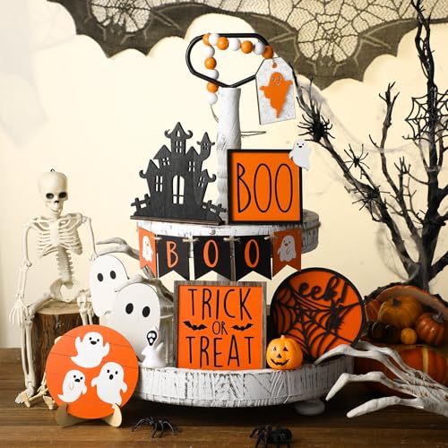 Umigy 15-Piece Halloween Tiered Tray Decor Set - Orange Ghost Wooden Signs Boo