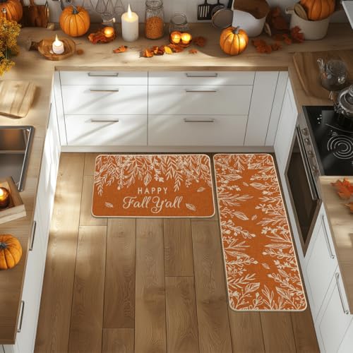 Pumpkin Fall Kitchen Mats Set of 2 - Non-Slip Decorative Floor Mats for Kitchen, Entryway