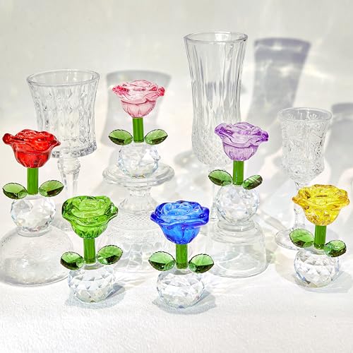 Glass Flower Figurines Set - Colorful Crystal Roses, 6 Pieces, Mix