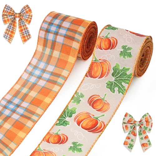 Fall Pumpkin Ribbons Set - Wired Edge Orange Buffalo Plaid Burlap for Gift Wrapping & Decorations - Style 5 Plaid Pumpkin