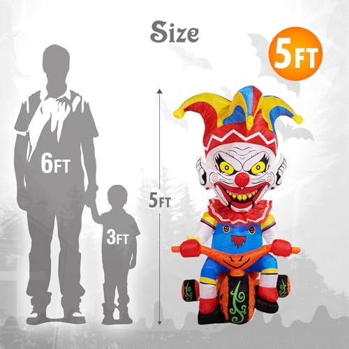Halloween Inflatable Clown Bicycle Decor - 5 Ft Outdoor Yard with LED Light, Stormproof, for Dia de Los Muertos & Party Festivities