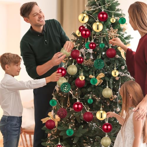 Christmas Ball Ornaments Set - 100 Assorted Gold Red Green Baubles with 3 Sizes & Styles