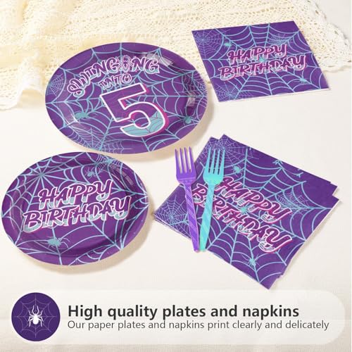 Purple Spider 5th Birthday Party Supplies Set for Kids - Serves 24, Includes Plates, Napkins, Forks