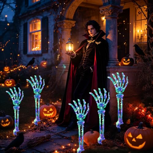 5-Pack Solar Halloween Skeleton Arm Stake Lights - Purple & Green Outdoor Pathway Decor