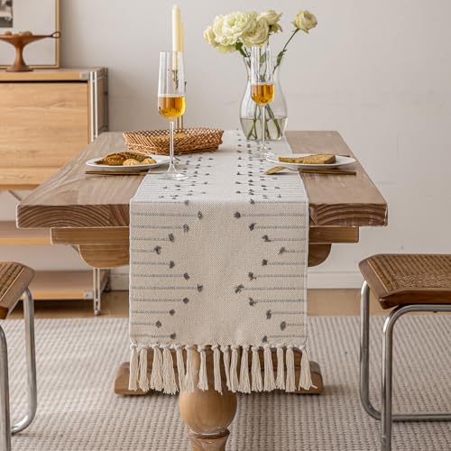 Joyfol Day Boho Table Runner - Farmhouse Stripe Cotton with Tassels, 13 x 90 Inch, Grey