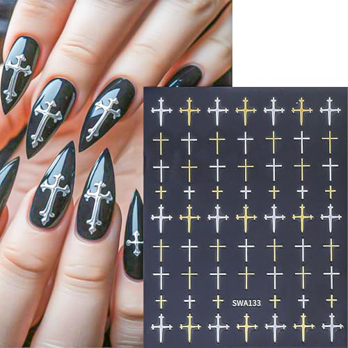 Gothic Cross Nail Decals Set for DIY Nail Art - 6 Sheets, Self-Adhesive, Black & Silver Designs