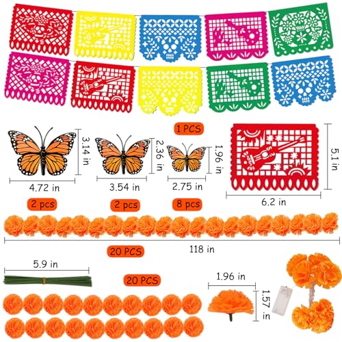 Day of The Dead Decorations Bundle - Mexican Banners, Marigold Garland & Butterflies