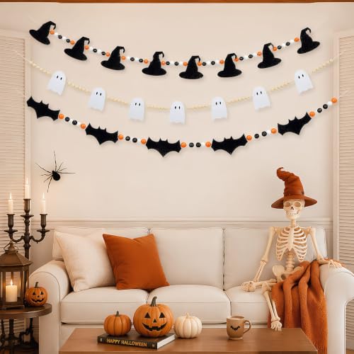 Halloween Bead Garland Set with Ghost Bat & Witch Hat Decorations - Indoor Mantel & Tiered Tray Decor