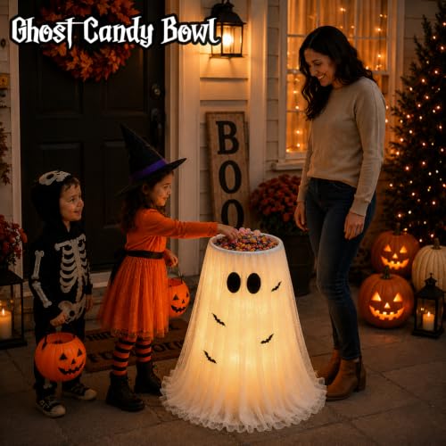 Lighted Halloween Ghost Candy Bowl with Remote & Timer - Indoor & Outdoor Decor