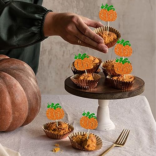 Pumpkin Cupcake Toppers - Glitter Fall Theme Decorations for Baby Shower & Birthday - Orange - 24PCS