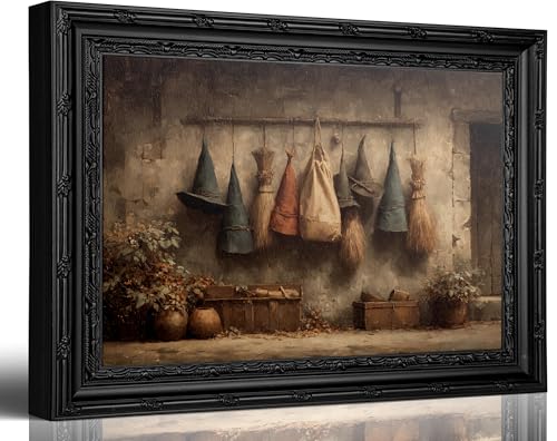 Vintage Halloween Witch Hat & Broom Canvas Wall Art - 16x12 Inches - Framed