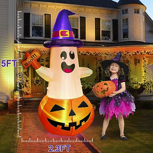 5FT Halloween Inflatable Pumpkin Ghost with Multi-Color Flashing LED Yard Decor
