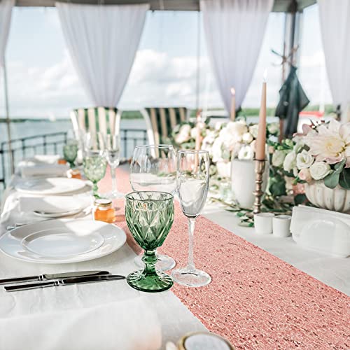 Disposable Tablecloth and Sequin Table Runner Set for Weddings & Parties - 8ft Rectangular, White & Rose Gold