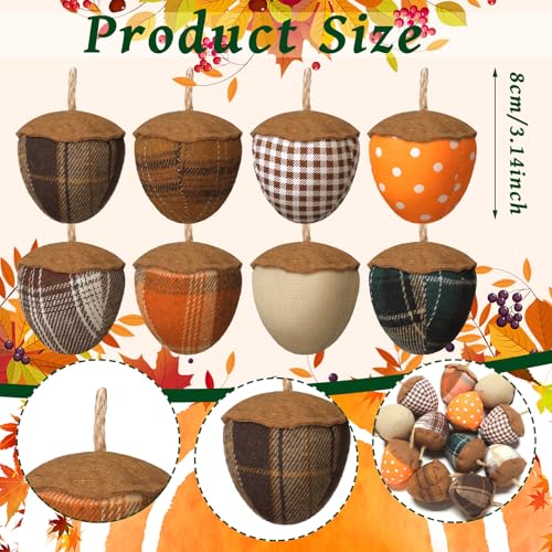 Fall Felt Acorn Ornaments Set - Thanksgiving Hanging Decor, Brown, 12 Pieces