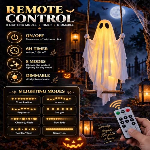 Large Outdoor Swinging Ghost Halloween Decoration - 4.5FT Hanging Ghost with Adjustable Ropes