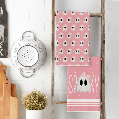 Pink Ghost Halloween Kitchen Towels Set of 2 - 18x26 Inch Artoid Mode