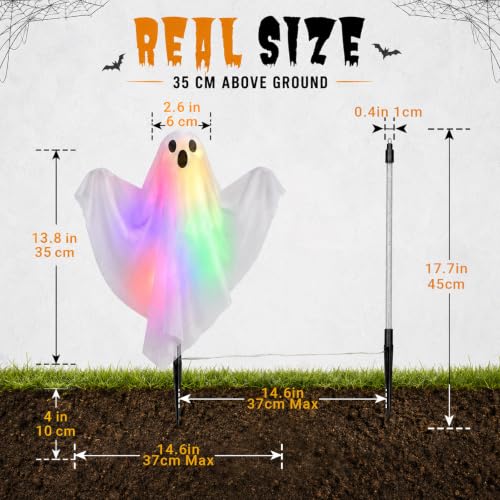 3 Pack Halloween Lighted Ghost Stakes with Remote Control & Timer - 17.7 Inch Glowing Yard Decorations for Spooky Outdoor Lawn & Garden