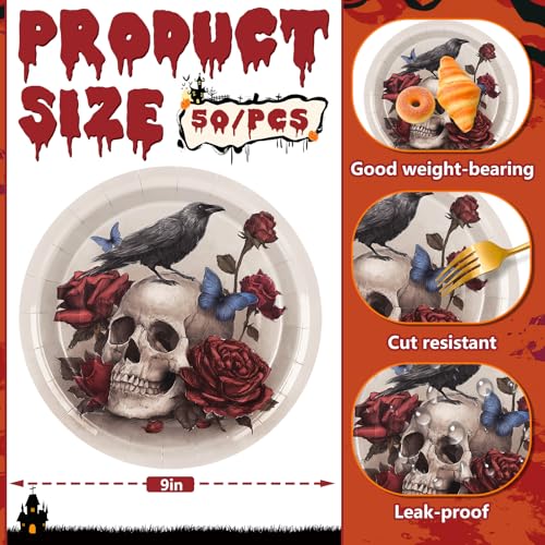 Halloween Vintage Paper Plates with Skull Rose Crow Design - 9 Inch Disposable Party Tableware, Pack of 50